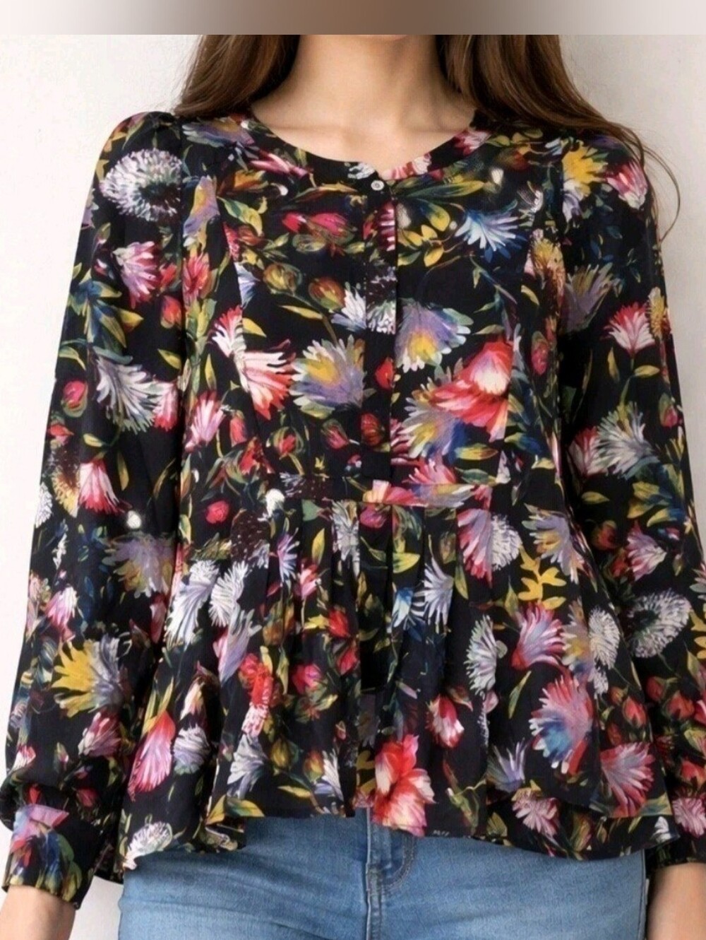 J Crew 100% Silk Floral Pleated Popover Blouse Sz M Tall Half Button Flowy Fairy